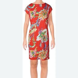 Ralph Lauren Red Floral Linen Sleeveless Shift Dress‎ Size LARGE